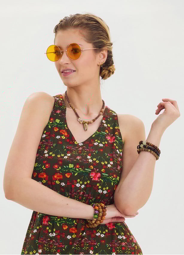 V Neck Slit Green Floral Dress 4643